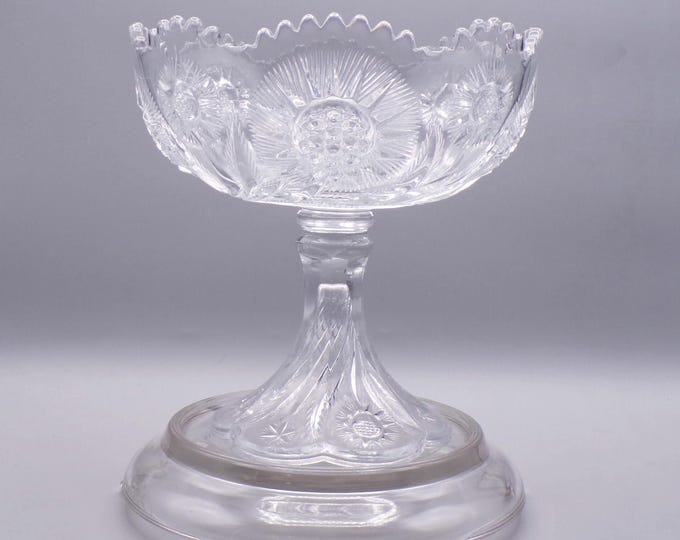 Early American Pressed Glass Open Compote, United States Glass Company, USG #15116; solar (OMN) aka Feather Swirl, introduced 1908