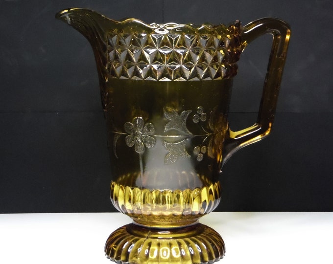 Early American Pressed Glass Water Pitcher, Adams and Company, Adams #140 (OMN) aka Wildflower, Amber, 1880s