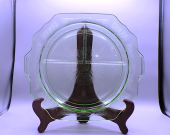 Depression Glass, Large Handled Grill Plate, Hocking Glass Company, Princess, Green, 1931 - 1935