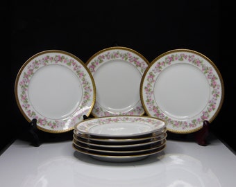 Limoges Porcelain Dessert Plates: Hand-Painted Pink Rose Garland, Set of 8