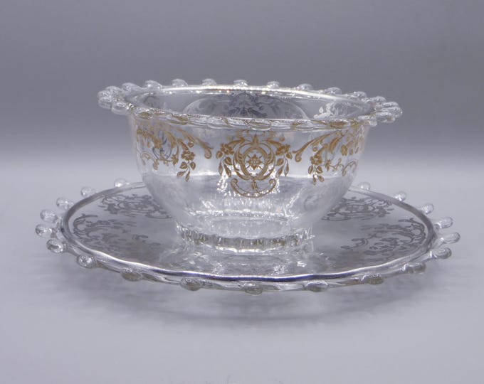 Elegant Era/Vintage Glass Mayonnaise Bowl/Underplate, A. H. Heisey Glass Co, Lariat #1540 Shapes #40 and #45, Rockwell Silver Co Fuchsia