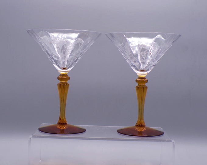 Elegant Era Glass Champagne/Sherbert Glass, Tiffin Glass Company, Stem #15011, Julia Etch, Amber Stem 1920s