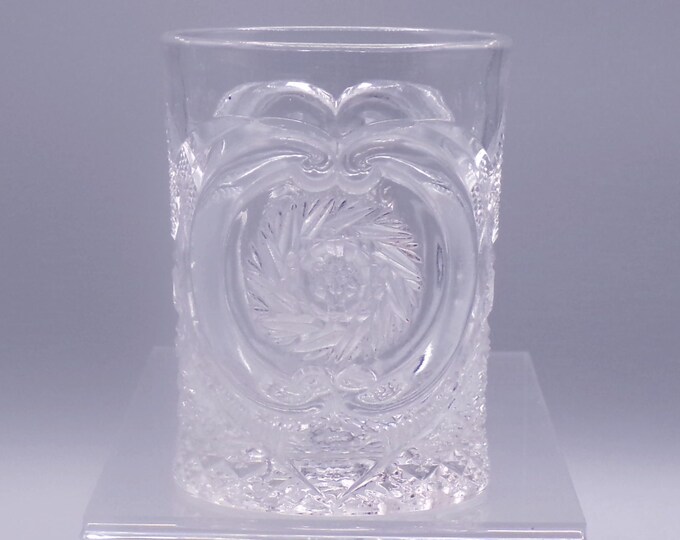 Early American Pressed Glass Tumbler, United States Glass Co, USG #15104; Victoria (OMN) aka Buzz Saw in Parenthesis; Daisy and Scroll; 1907