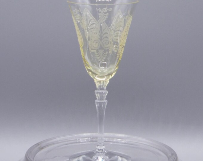 Elegant Era Glass Wine Glass, Fostoria Glass Company, Stem #5099, Etch #280, Trojan, Topaz, 1929 - 1936