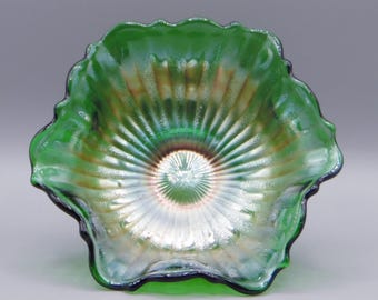 Carnival Glass Bowl, Fenton Art Glass Company, Stippled Rays, Green, c 1908