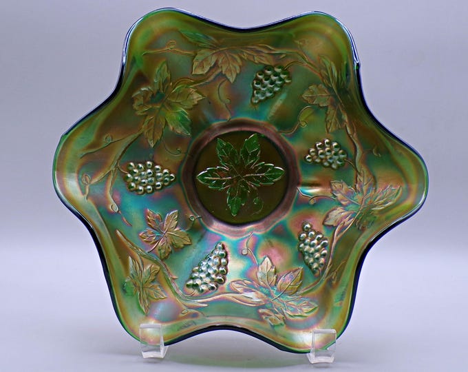 Carnival Glass Bowl, Fenton Art Glass Company, Vintage, Green, 1910 - 1918