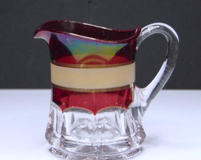 Early American Pressed Glass Creamer: Ruby Stained Gold Band, 1904