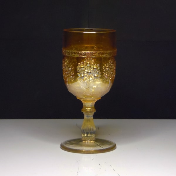 Carnival Glass Wine Goblet, Fenton Art Glass Company, Orange Tree (Variant Pattern), Marigold, 1912 - 1929