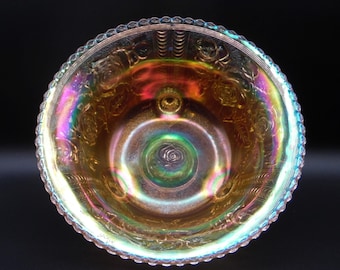 Carnival Glass Fruit Bowl, Scroll Footed, Imperial Glass Company, Lustre Rose, 1912 - 1918