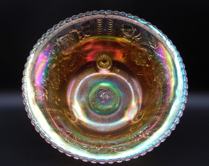 Carnival Glass Fruit Bowl, Scroll Footed, Imperial Glass Company, Lustre Rose, 1912 - 1918