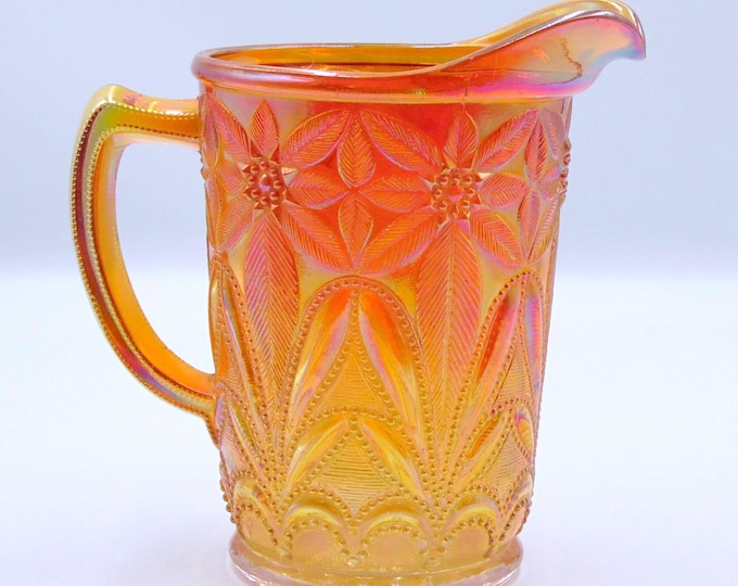 Carnival Glass Pitcher, Imperial Glass Company, Poinsettia, Marigold, c 1910
