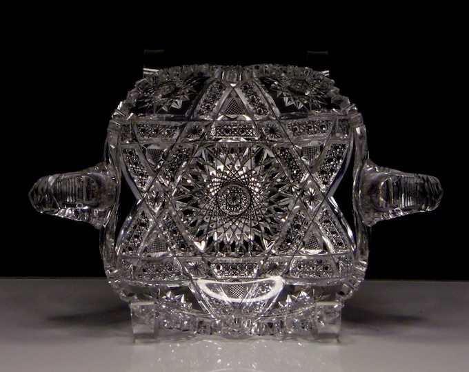 American Brilliant Period Cut Glass Nappy, Two Handled, J Hoare and Company, Ribbon Star ca 1905