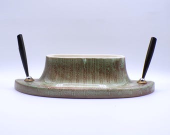 Mid-Century Modern Pottery Desk Set, Parker Pens, Spherix, Drip Green/Brown, 1950s.