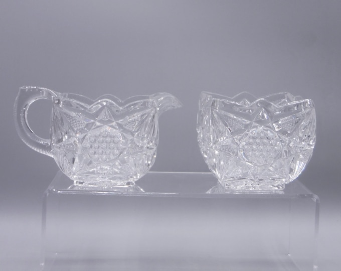 Early American Pressed Glass Sugar and Creamer, Individual, United States Glass Co, US Glass #15052; Illinois (OMN) aka Clarissa; Star & Bar