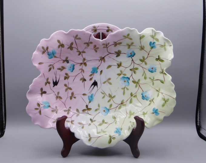 Porcelain Dessert Serving Bowl, Erdmann Schlegelmilch, Hand Painted Blue Floral, Vines and Birds c 1861 - 1891