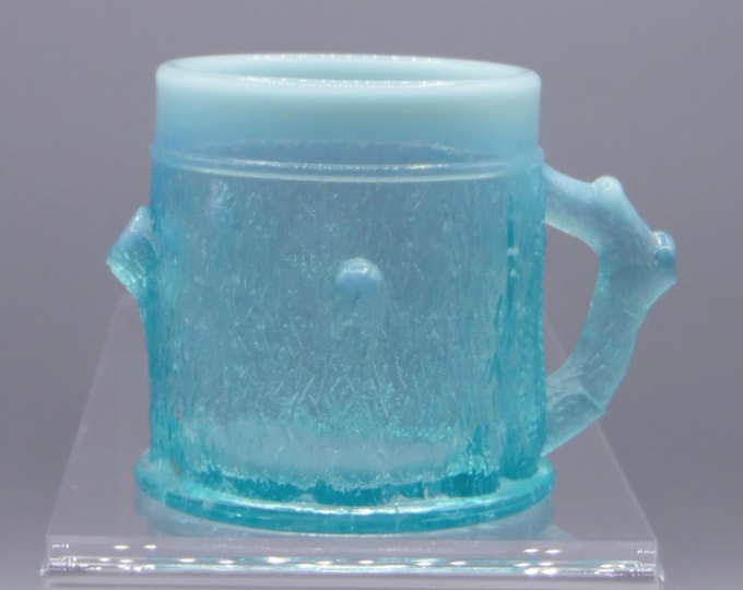 Early American Pressed Glass Childs Mug, Unknown Maker, Stump and Vine (aka) Blue Opalescent, ca 1900 - 1910