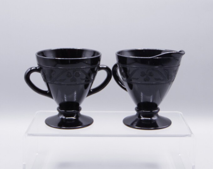 Depression Glass Sugar And Creamer Hazel-Atlas Glass Company Cloverleaf, Ebony, 1930 - 1936