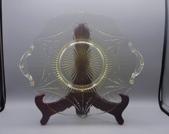 Elegant Era Glass Handled Cake Plate, Lancaster Glass Company, Dart, #867, Shape 4, Yellow, 1930's