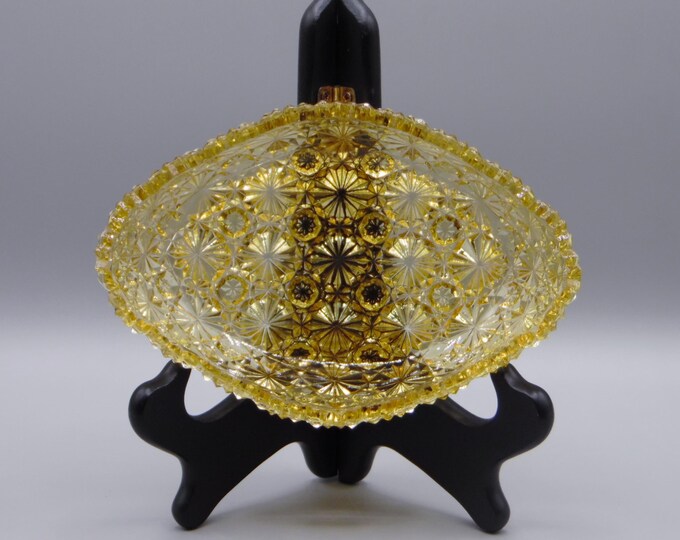 Early American Pressed Glass Olive Bowl, George Duncan and Sons, Ellrose (OMN) aka Paneled Daisy and Button, Amber, 1885