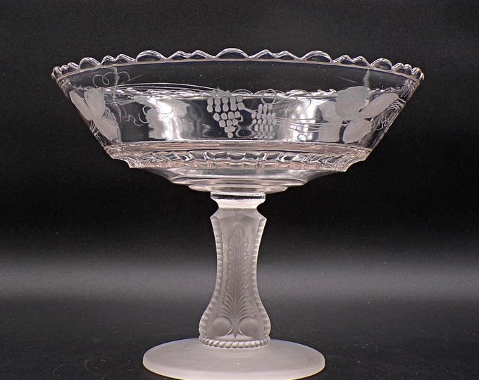 Early American Pressed Glass Compote, Unknown Maker, Frosted Foot (aka) with Grape Vine Etch, early 1880s