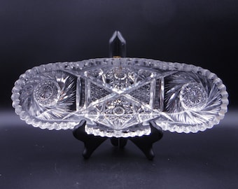 American Brilliant Period Cut Glass Celery Dish Possibly By Lackawanna Cut Glass Co Sunburst (?) ca 1905