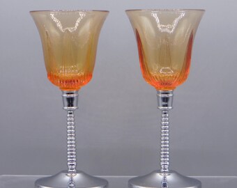 Vintage Art Deco Honey Amber Wine Glasses: Chrome Stem Keystonware, 1930s Pair