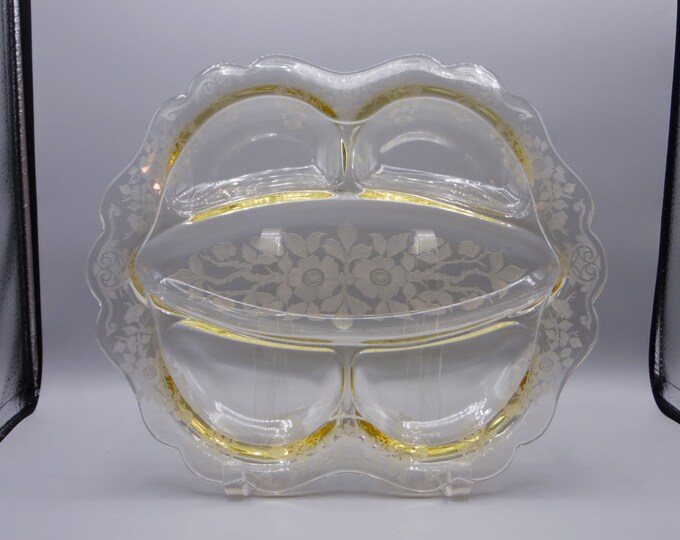 Elegant Era Glass 5-Part Relish/Celery Dish, Cambridge Glass Company, Line #3400/Shape #47, Apple Blossom Etch #744, Gold Krystol, 1930 - 37