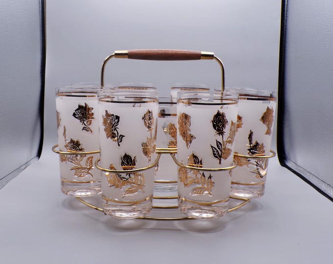 Vintage Mid Century Modern Glass 10 Piece Bar Set, Libbey Glass Comp, Gold Rose, 1960s