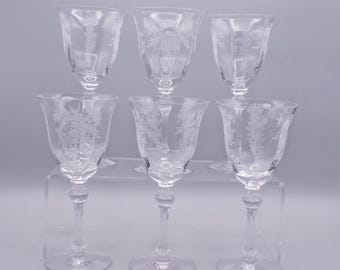 Tiffin Glass Claret Wine Glasses: Persian Pheasant Etch, Set of 6