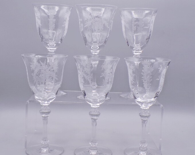 Elegant Era Glass Claret Wine Glass, Tiffin Glass Company, Stem #17358, Optic with Persian Pheasant Etch, 1945 - 1966