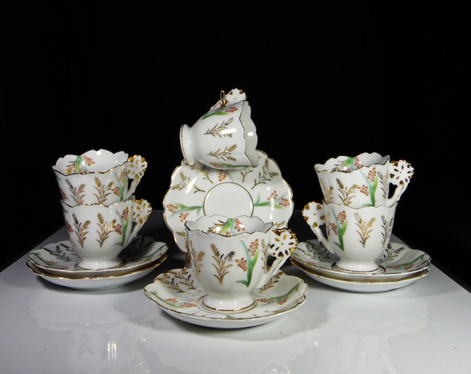 Porcelain Demi-tasse Cup And Saucer, Unknown Maker, Japan (Occupied Japan) Hand Painted 1947 - 1952