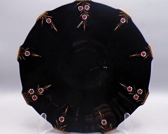Elegant Era Glass Cake Plate, Imperial Glass Company, Line 738, Deco Flutes, Shape 7, May Time Decoration, Ebony Glass 1930s