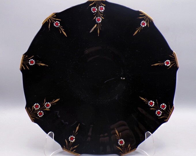 Elegant Era Glass Cake Plate, Imperial Glass Company, Line 738, Deco Flutes, Shape 7, May Time Decoration, Ebony Glass 1930s