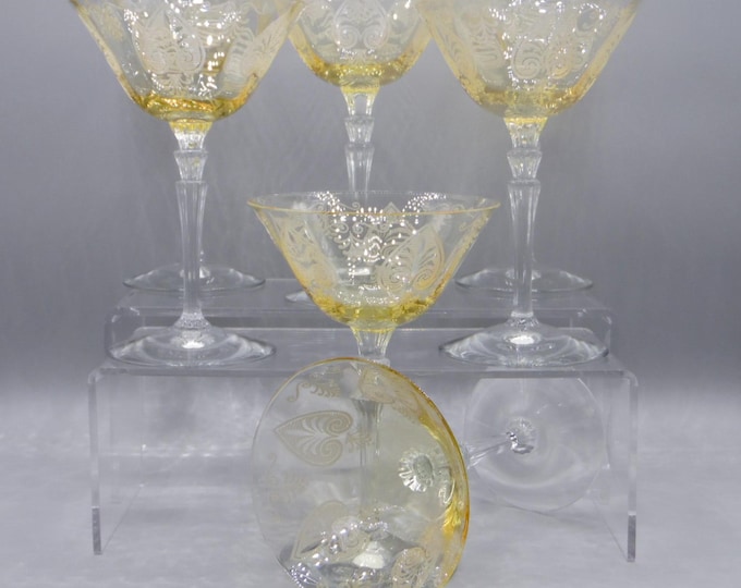 Elegant Era Glass Champagne (Tall Sherbert) Glass, Fostoria Glass Company, Stem #5099, Etch #280, Trojan, Topaz, 1929 - 1936