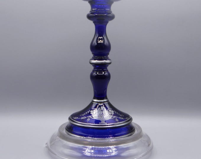 Elegant Era Glass Candlestick, Tiffin Glass Company, Line #76. unknown Sterling overlay, Cobalt, 1923 - 1935