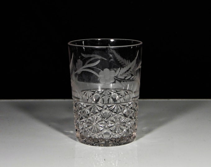 Early American Pressed Glass Juice Tumbler; O'Hara Glass Company, Bartholdi (OMN) With Flower/Leaf Etch 1885