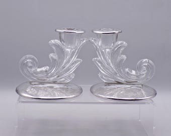 Elegant Era Glass Single Light Candlestick, Fostoria Glass Company, Baroque #2496 with Silver City Sterling Overlay, Flanders, 1936 - 1966
