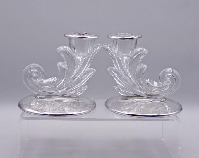 Elegant Era Glass Single Light Candlestick, Fostoria Glass Company, Baroque #2496 with Silver City Sterling Overlay, Flanders, 1936 - 1966