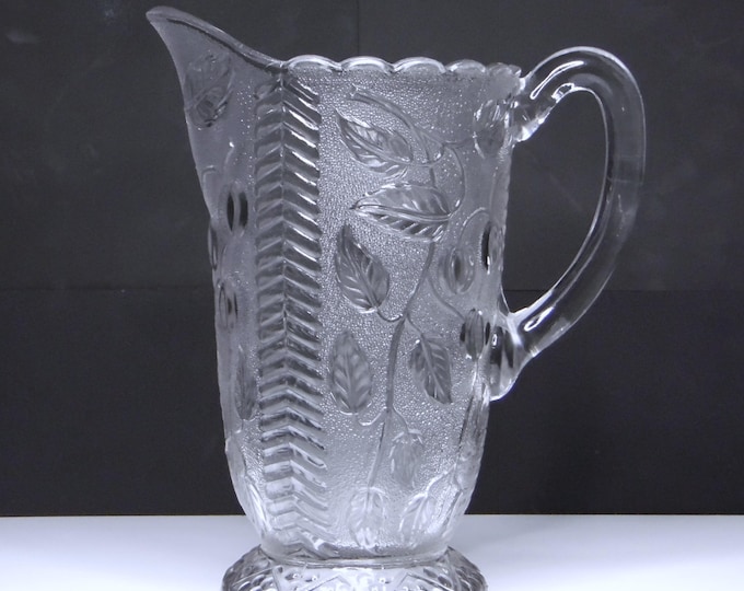 Stippled Cherry Glass Water Pitcher: Early American Pressed Glass, Ohio Flint #94, ca 1894
