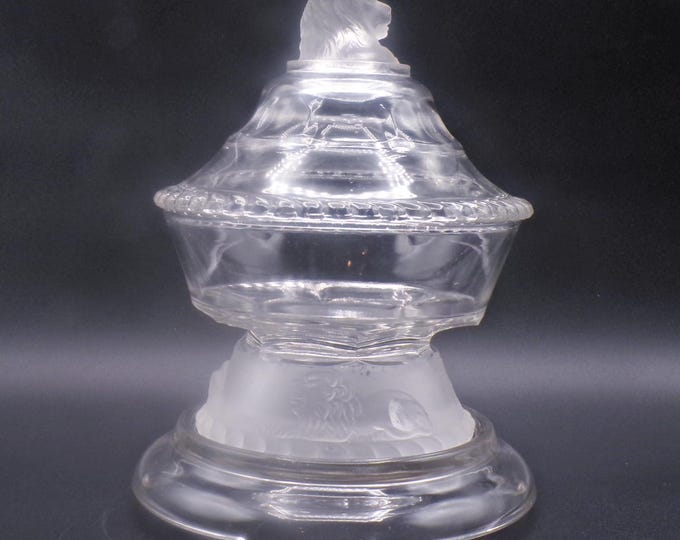 Early American Pressed Glass Butter/Honey Dish, Gillinder and Sons, Lion (OMN) aka Frosted Lion c 1877