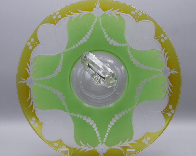 Elegant Era Glass Sandwich Server, Westmoreland Glass Co, Decorated By Sterling Glass Co, Lotus Pattern (OMN) a/k/a Pearlized Tulips