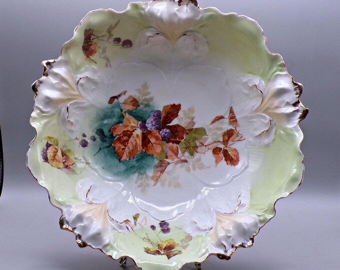 Porcelain Bowl R S Prussia (Unmarked) Iris Mold, Lithograph Transfer Of Black Berries/Leaves ca 1890 - 1917