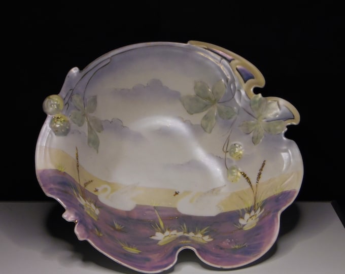 Porcelain Bowl, R S Prussia (Reinhold Schlegelmilch) Buckeye Mold, Swan Decor Satin Finish, 1890 - 1917