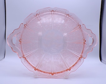 Depression Glass Sandwich Tray, Jeannette Glass Company, Cherry Blossom, Pink, 1930-1939