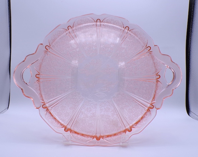 Depression Glass Sandwich Tray, Jeannette Glass Company, Cherry Blossom, Pink, 1930-1939