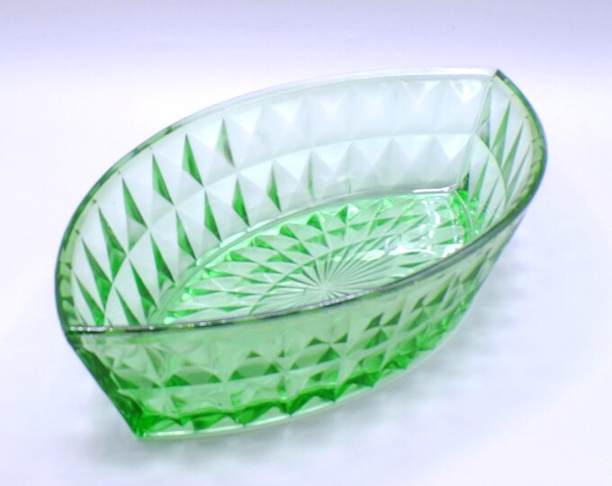 Depression Glass Boat or Canoe Bowl, Jeannette Glass Company, Windsor, Green, 1936-1946