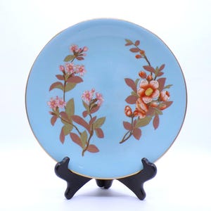 May include: A round, light blue decorative plate with a gold rim. The plate features floral designs in shades of pink, orange, and brown. The plate is displayed on a black stand.