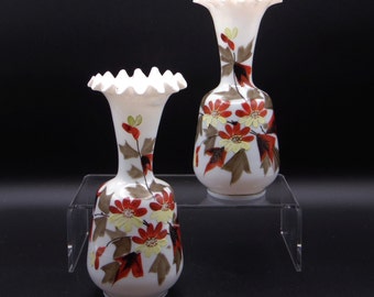 Milk (Opaque) Glass Vases, Bohemian/Bohemian Style, Enameled Leaf and Floral Decor ca 1900