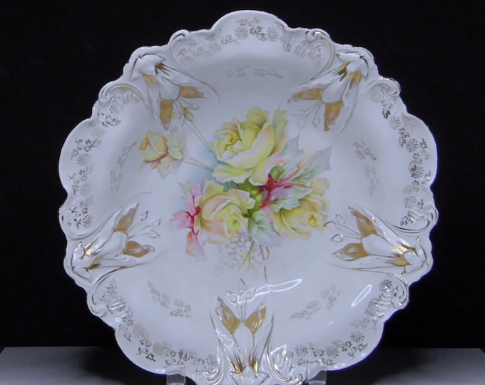 Porcelain Bowl, RS Prussia Squash Mold, Yellow Roses 1890 - 1920