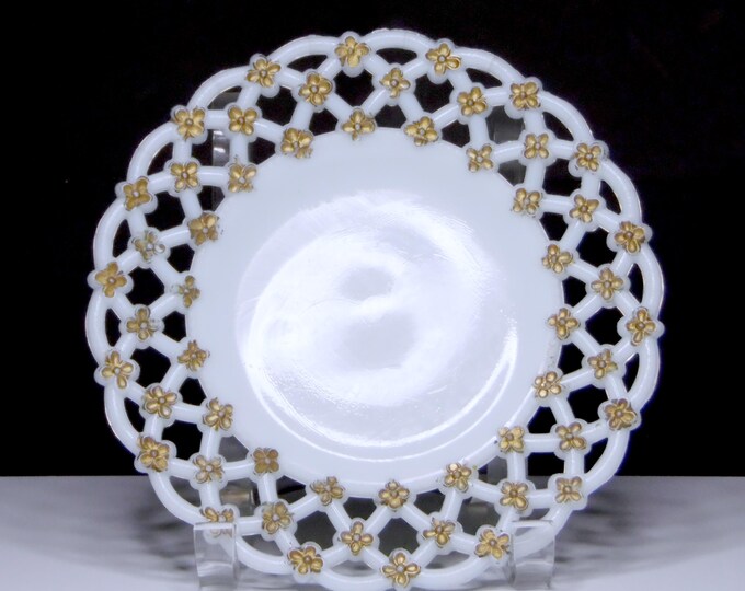 Early American Milk Glass Plate: Forget-Me-Not Open Work, Gold Flowers